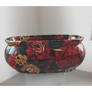 NAPCO Oval Plant Container Deep Floral Design Dark Reds Greens Glossy Finish VTG